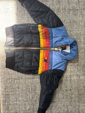 Navy & Light Blue Kids Puffer Jacket with Rainbow Stripes - Aviator Nation